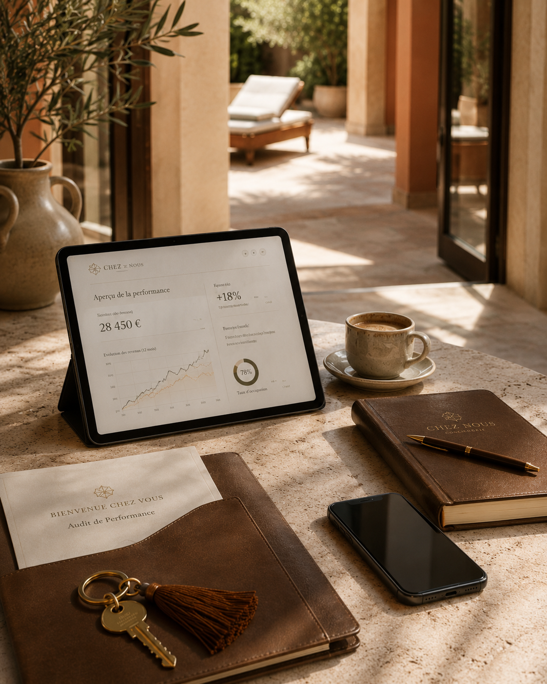 Table premium avec rapport de performance Chez Nous, clés et café