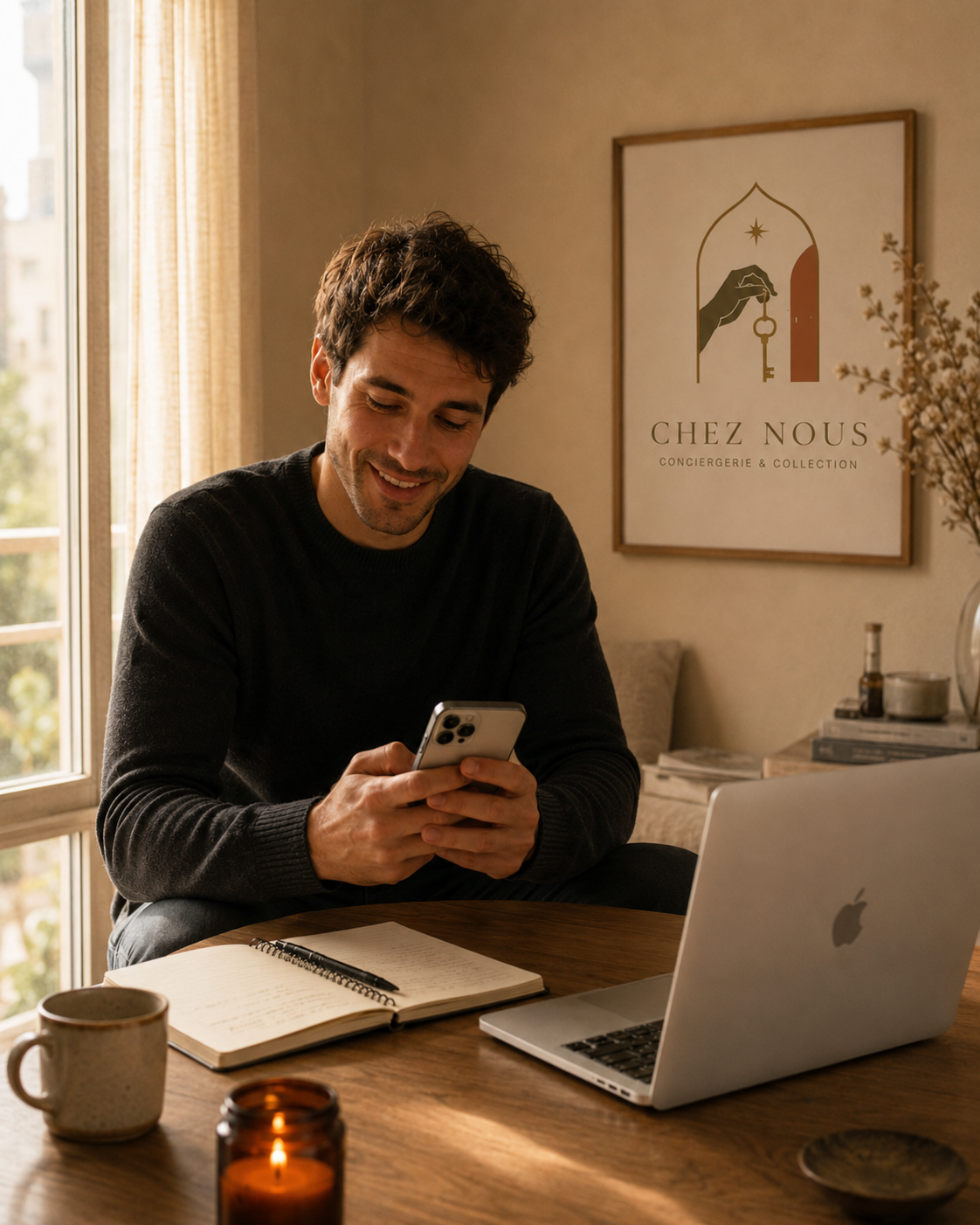 Propriétaire consultant les échanges voyageurs dans une ambiance Chez Nous chaleureuse