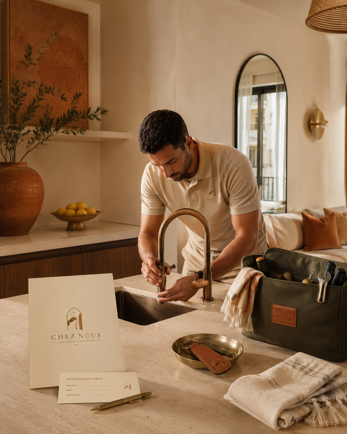 Technicien Chez Nous vérifiant un équipement dans un intérieur premium