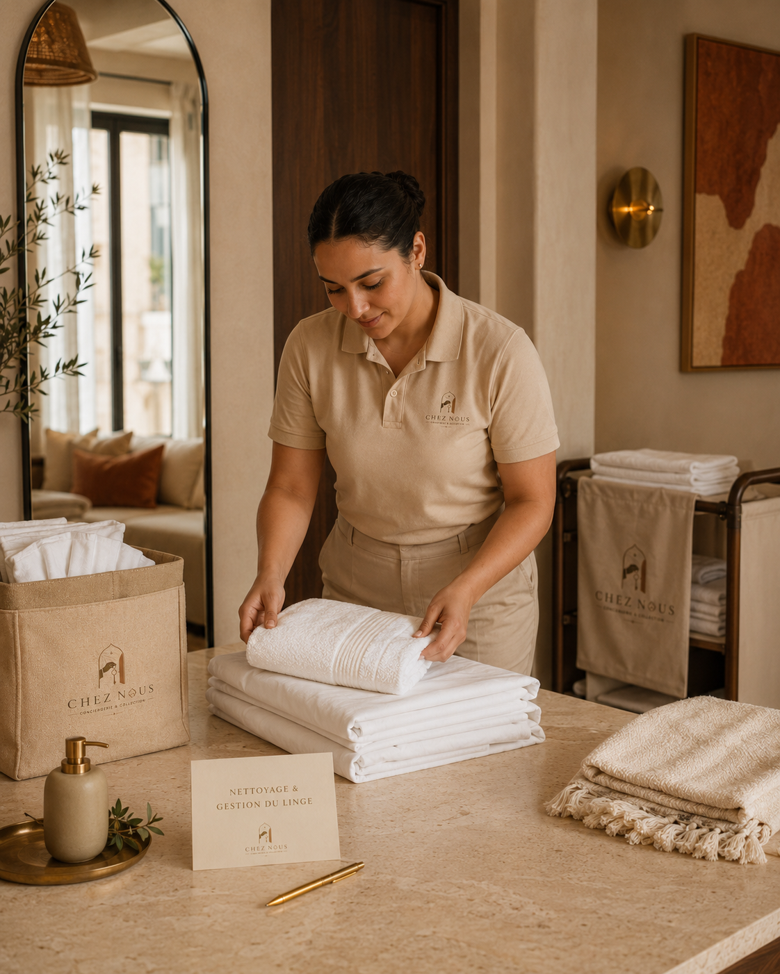 Équipe Chez Nous préparant le linge premium dans un intérieur élégant