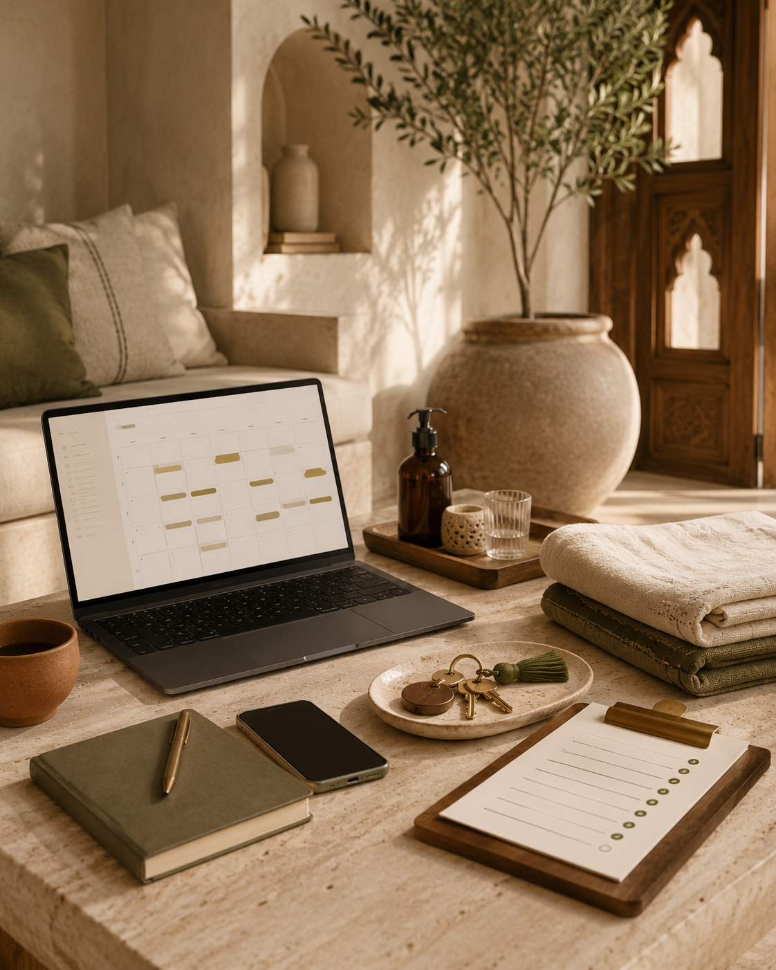 Table de suivi Chez Nous avec calendrier, clés et linge dans un intérieur chaleureux
